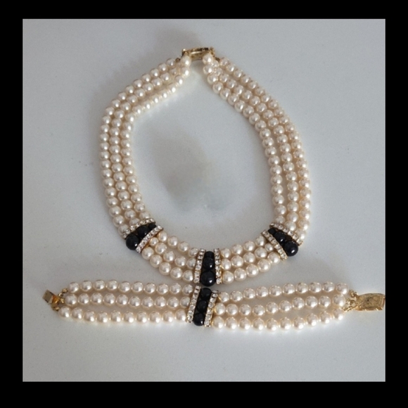 Vintage 90s Faux Pearl Necklace Braclet black beads clear rhinestone 2 Piece Set